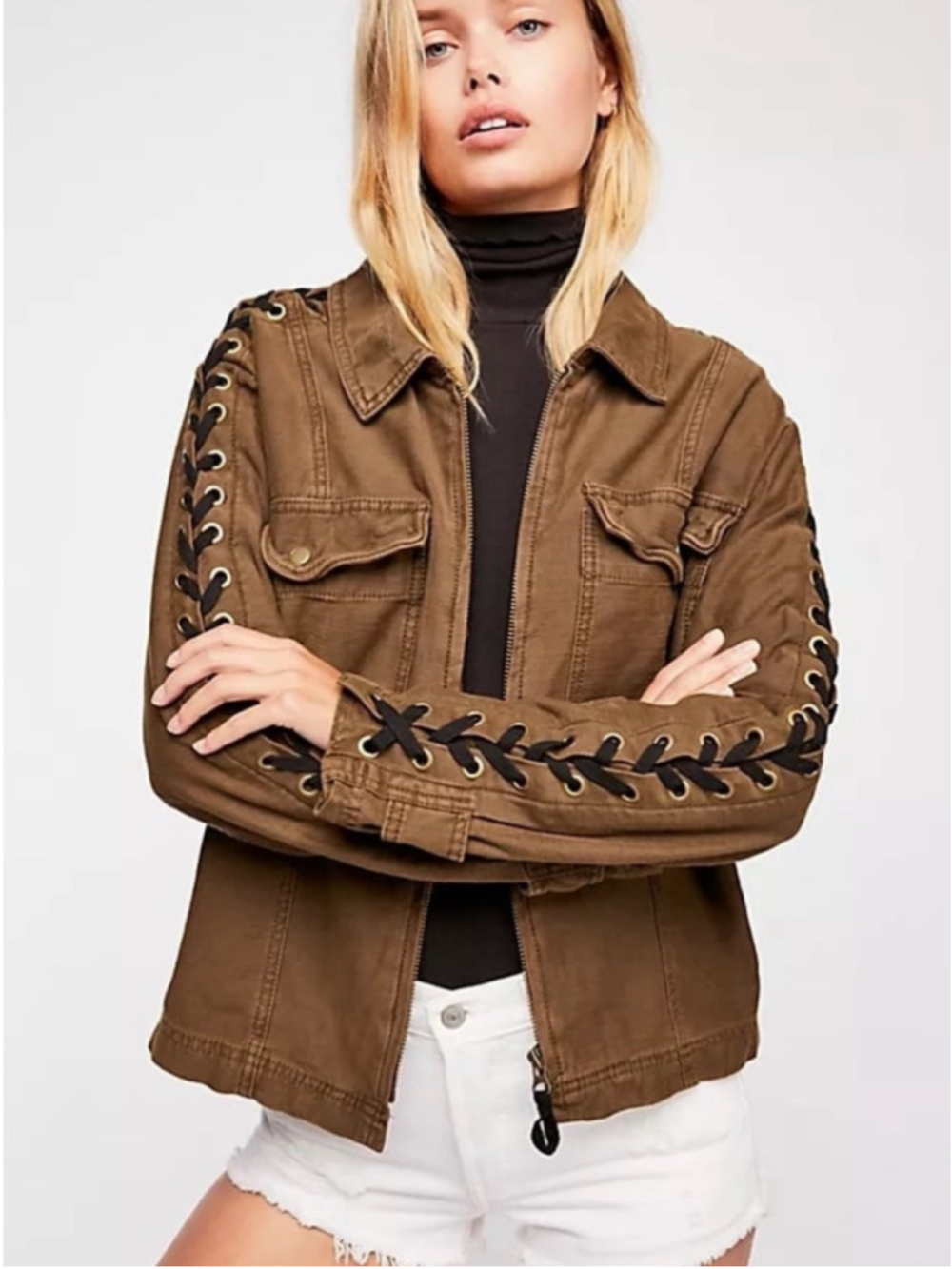 Free People Faye Military Lace Up Sleeve Jacket Brown Sz S EUC - Picture 1 of 13